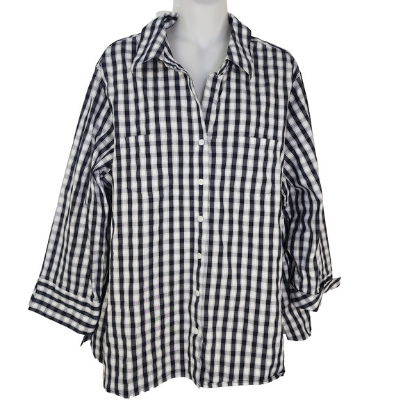 Foxcroft Shirt Shaped Fit Women 18W Button Black White Gingham 3/4 Sleeve Pocket - Picture 1 of 10